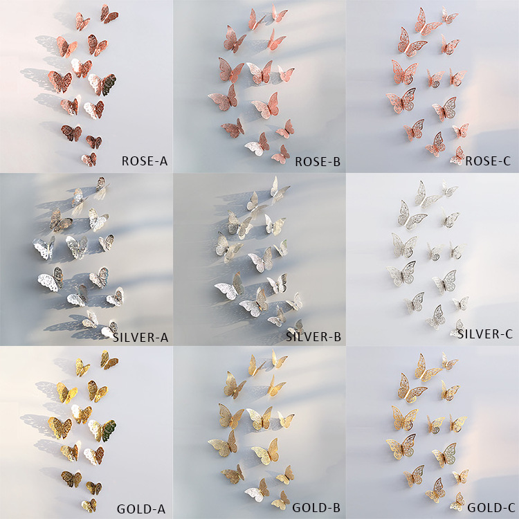 QAKGL Paper 12 Pieces hollow wall stickers Rose gold butterfly 3d stickers for home decorations and wedding decorations