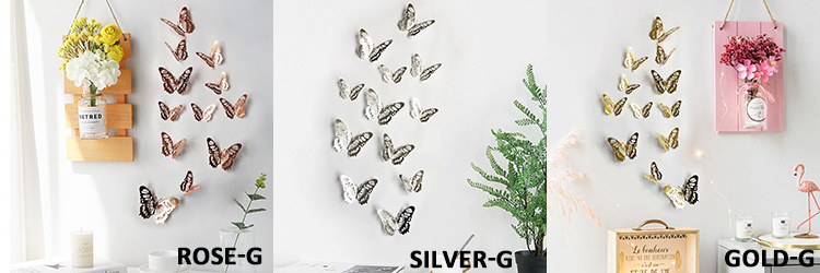 QAKGL Paper 12 Pieces hollow wall stickers Rose gold butterfly 3d stickers for home decorations and wedding decorations