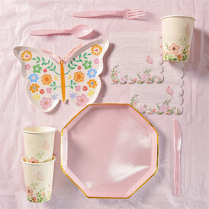 QAKGL New Design Paper Plate Tableware Kit Pink Disposable Plate For Girl Birthday Party Decoration birthday dishes