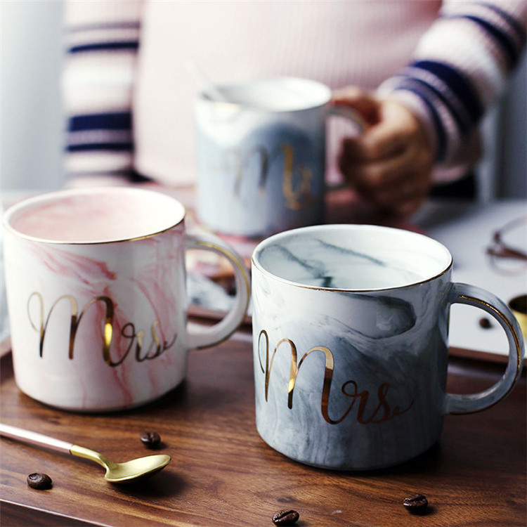 Custom Mr Mrs Gender Personalised Mug Marble Golden Edge Handle Ceramic Coffee Mug Gift Set Tea Cup