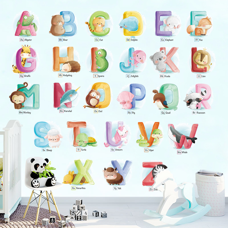 Cartoon animal 26 english alphabet wall decals early childhood education wall sticker for children's room kindergarten stickers