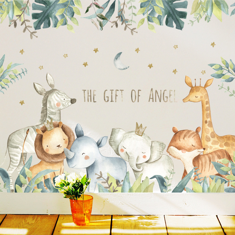 Cartoon animal elephant Lion z ebra rhinoceros leaf home decoration wall sticker for kindergarten children's room wall decal