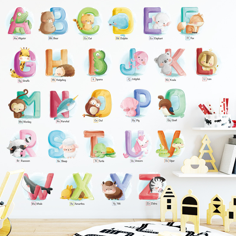 Cartoon animal 26 english alphabet wall decals early childhood education wall sticker for children's room kindergarten stickers