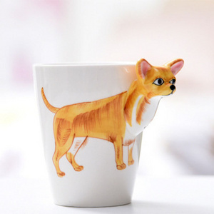 Hand Painting 3D Cute Animal Stoneware Mug Coffee Cat Mug Chihuahua Shaped White Ceramic European Mug