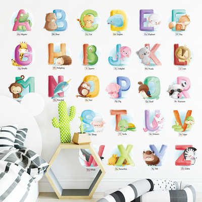 Cartoon animal 26 english alphabet wall decals early childhood education wall sticker for children's room kindergarten stickers