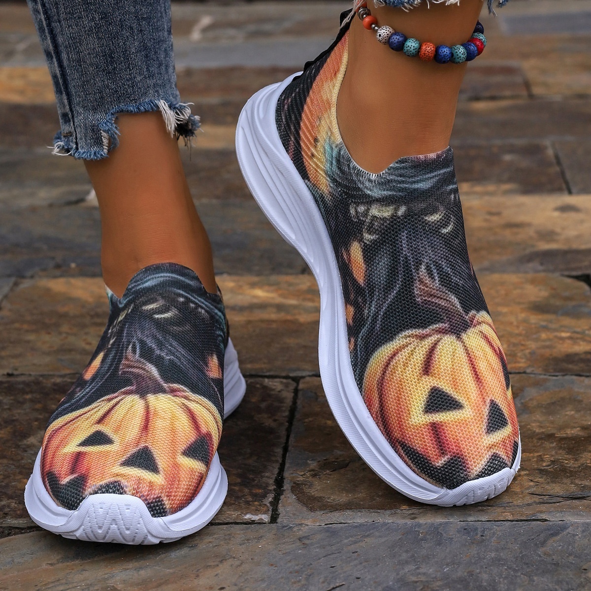 New Thick Sole Round Head Pumpkin Head Low Top Sports Shoes for Women's Foreign Trade Large Size Printed Graffiti Casual Shoes