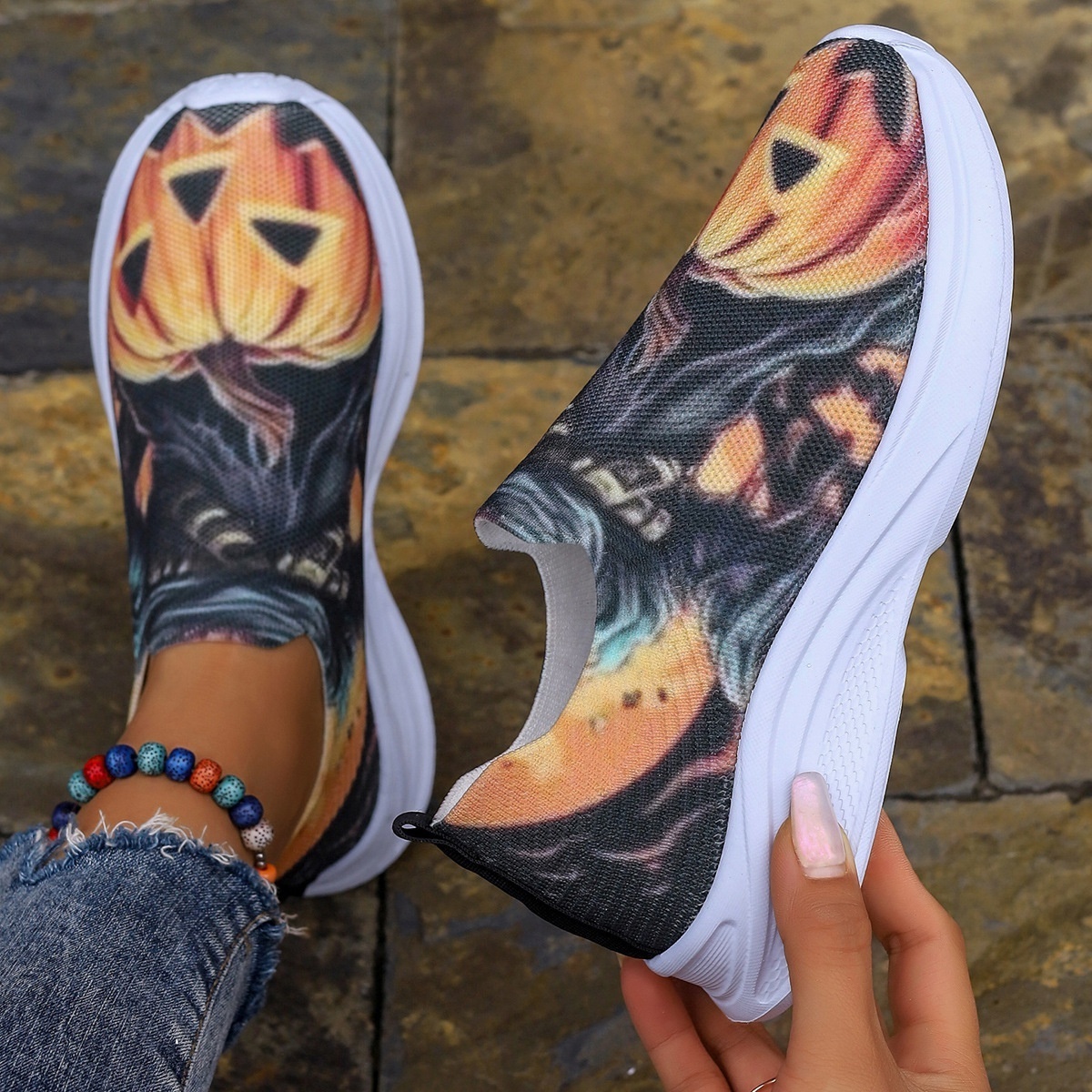 New Thick Sole Round Head Pumpkin Head Low Top Sports Shoes for Women's Foreign Trade Large Size Printed Graffiti Casual Shoes