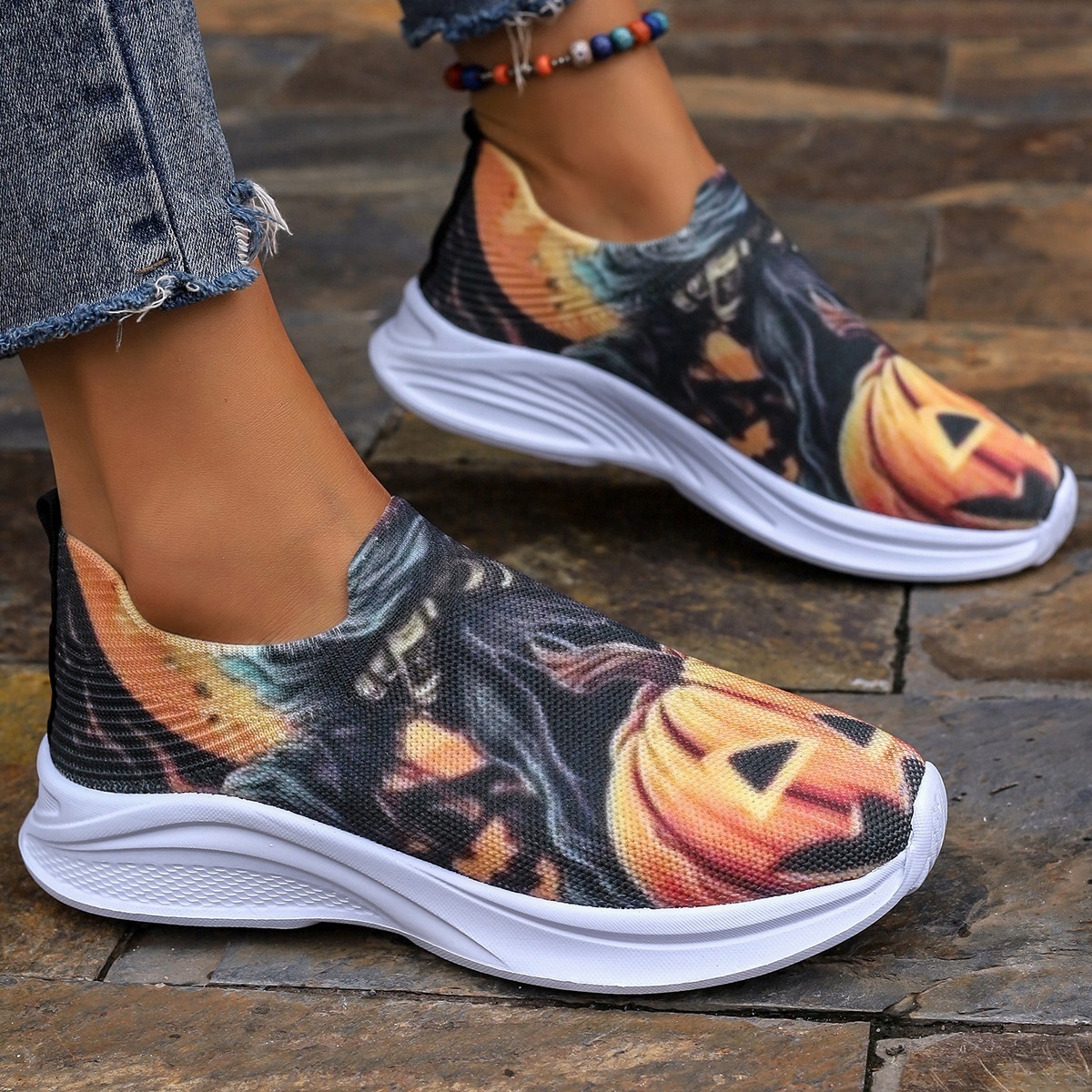 New Thick Sole Round Head Pumpkin Head Low Top Sports Shoes for Women's Foreign Trade Large Size Printed Graffiti Casual Shoes