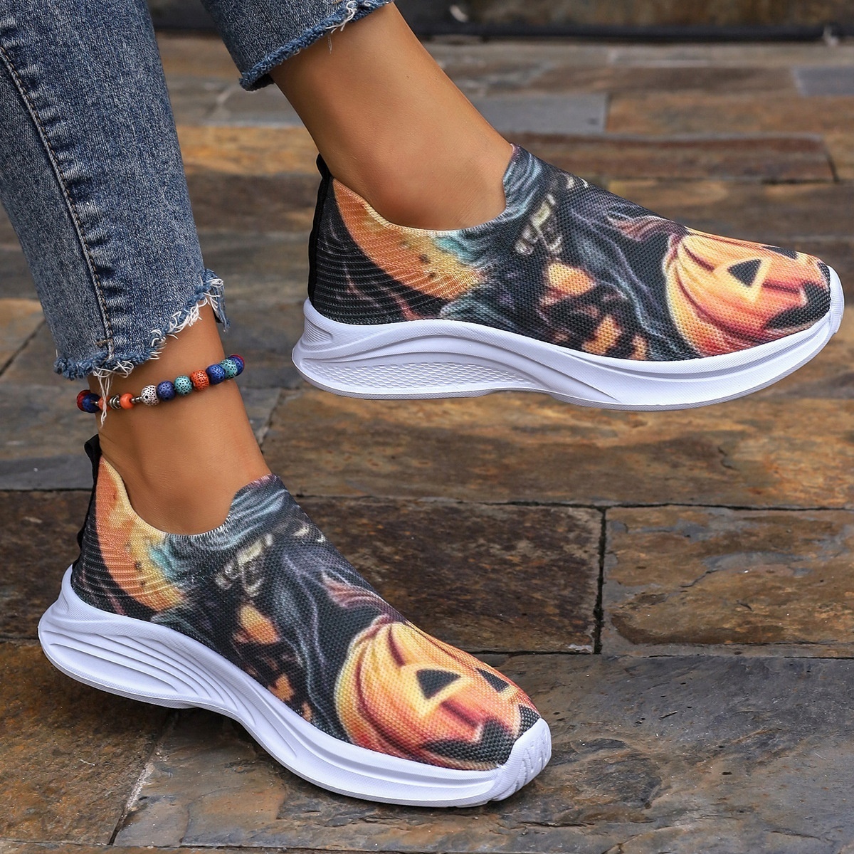 New Thick Sole Round Head Pumpkin Head Low Top Sports Shoes for Women's Foreign Trade Large Size Printed Graffiti Casual Shoes