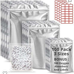 Premount 100 Mylar Bags for Food Storage With Oxygen Absorbers 300cc - 1 Gallon 4 Mil 10"x14", 6"x9", 4"x6" - Resealable Bags