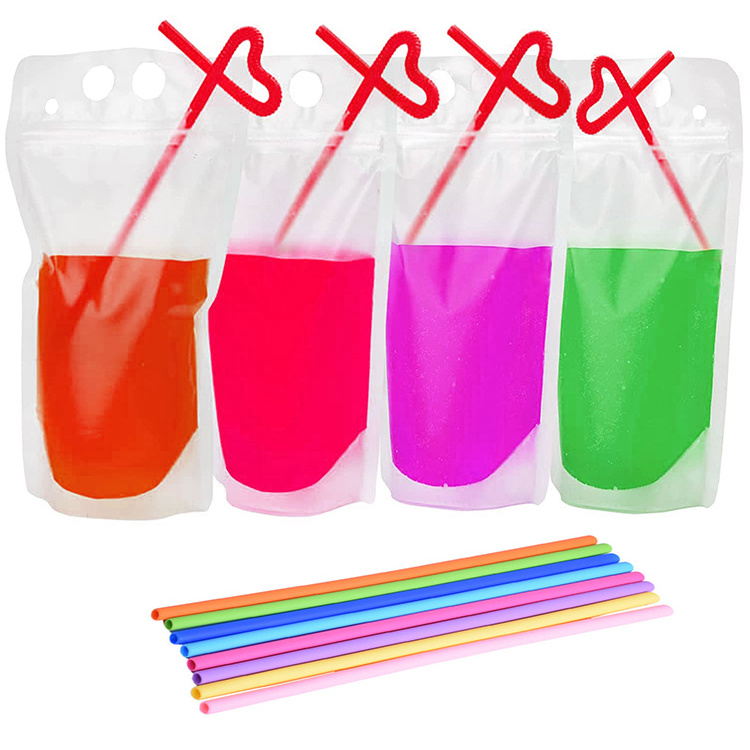 Factory Custom Juice Beverage Bags Zipper Cold Frozen Jelly Packaging Reusable Plastic Juice Drink Pouches With Straw Hole