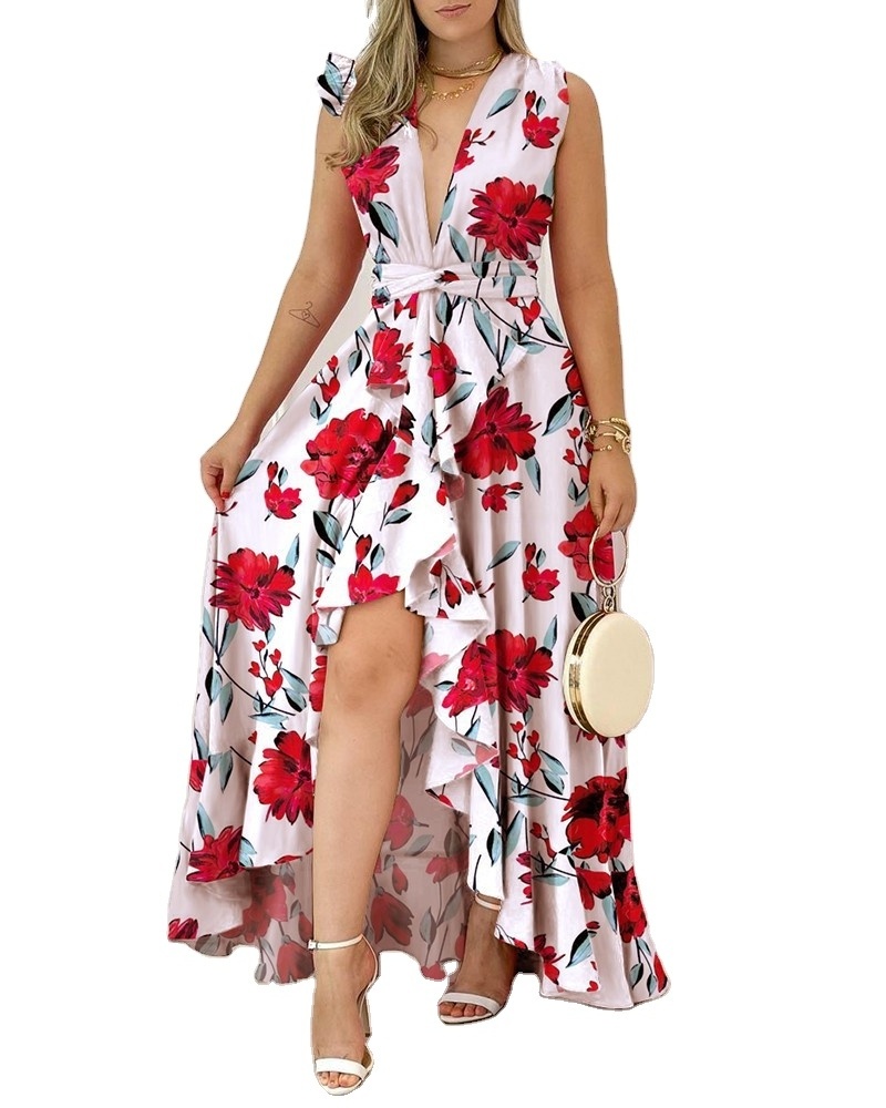 Spring 2023 High-Waisted Red Korean Style Stand Collar Long Dress with Print Temperament Commute Sleeveless Strap Type Dress