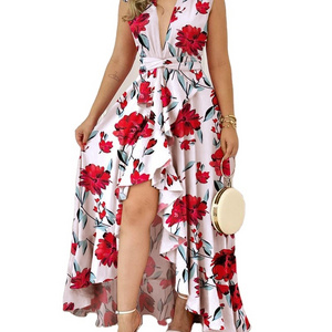 Spring 2023 High-Waisted Red Korean Style Stand Collar Long Dress with Print Temperament Commute Sleeveless Strap Type Dress