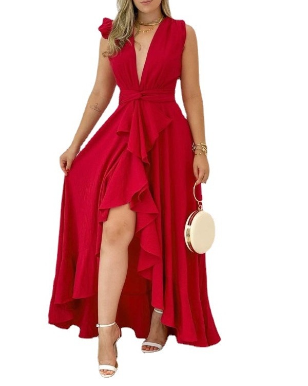 Spring 2023 High-Waisted Red Korean Style Stand Collar Long Dress with Print Temperament Commute Sleeveless Strap Type Dress