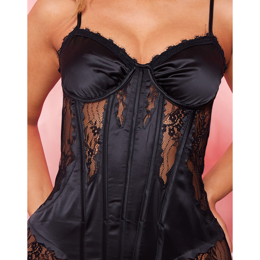 Black Satin Tight Bodice Details With Lace Stitching And Tie Up Tight Sexy Party Lead Dress