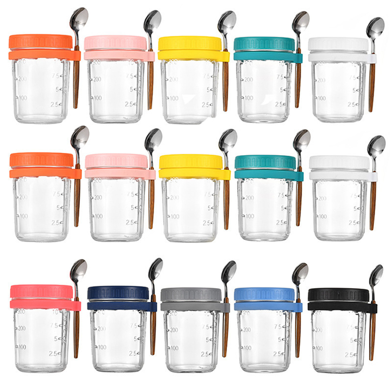 Breakfast Glass Colored Milk Glass Salad Jar Silicone Spoon Hanging Mason Jar 400ml glass jars