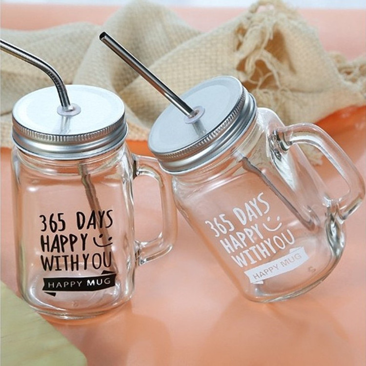 15 oz Hanging Juice Glass Cup Bottle For Milk Tea Glass Mason Jars with Handle and Metal Lid Straw