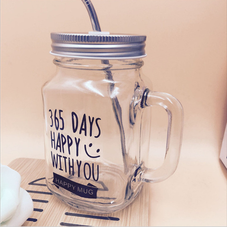 15 oz Hanging Juice Glass Cup Bottle For Milk Tea Glass Mason Jars with Handle and Metal Lid Straw