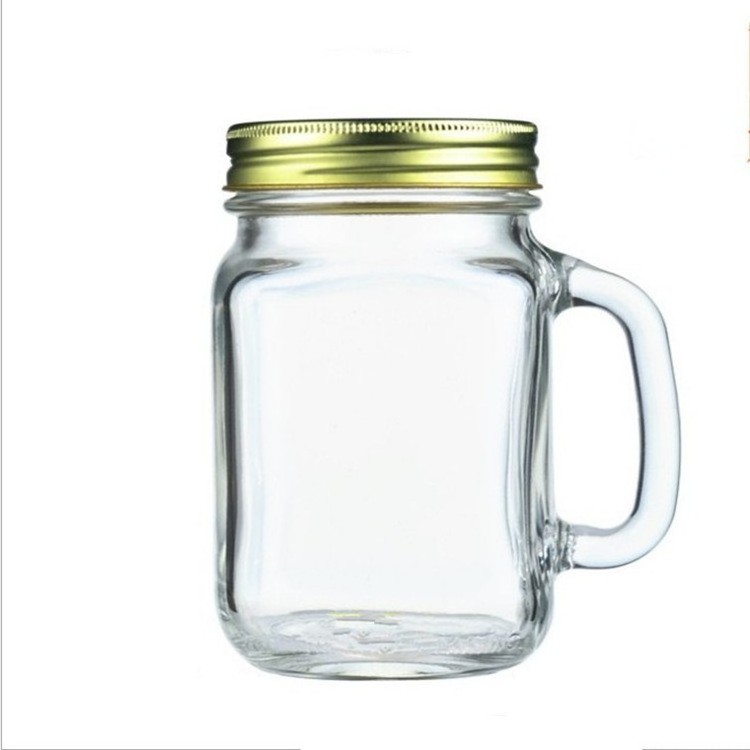 15 oz Hanging Juice Glass Cup Bottle For Milk Tea Glass Mason Jars with Handle and Metal Lid Straw