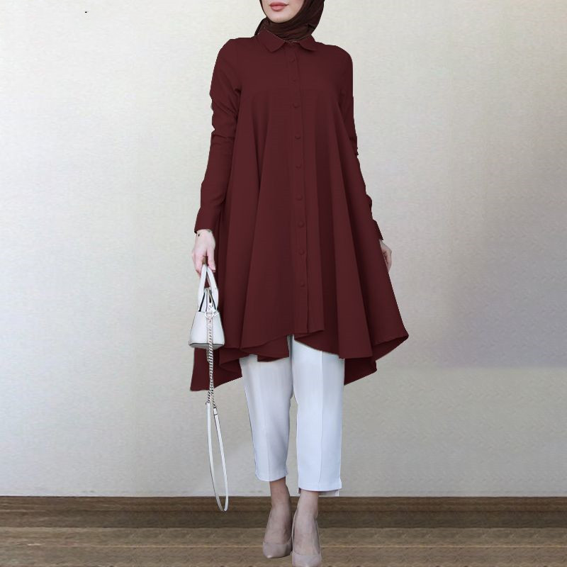 Asymmetrical Shirts Women's Autumn Blouse 2022 Casual Retro Long Sleeve Turkish Robe Shirts Female Solid Islam Clothing