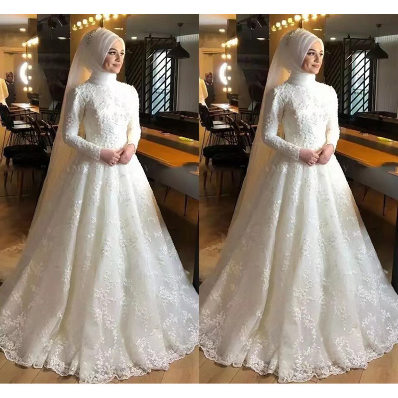 Islamic conservative wedding dress Stand collar Muslim women wedding dress with tailing Non revealing long sleeve wedding dress