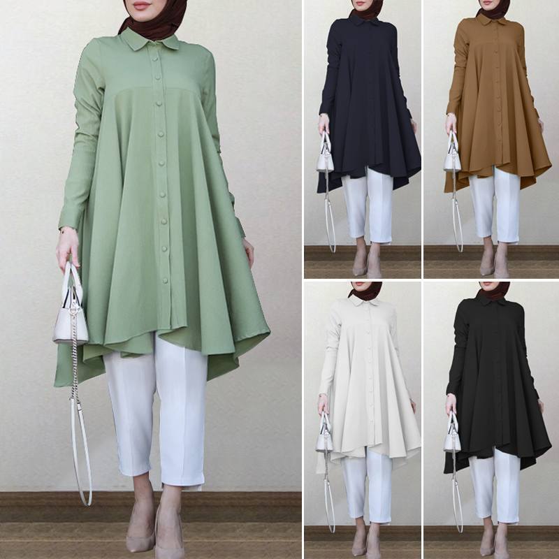 Asymmetrical Shirts Women's Autumn Blouse 2022 Casual Retro Long Sleeve Turkish Robe Shirts Female Solid Islam Clothing