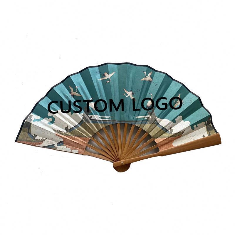 Printed Logo Bamboo Wall Large Folding Fan For Men Sticks Asian Wedding Decor Fabric Hand Fan With Handle Bamboo Fan