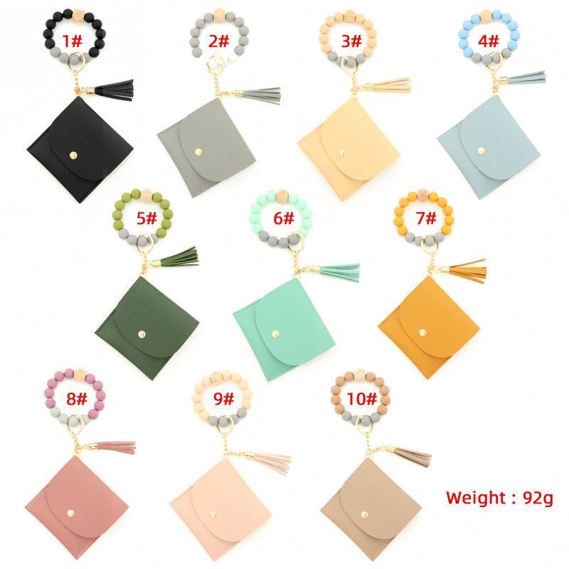 llavero silicona Leather Tassel Bangle Wristlet Keychain Women Silicone Wooden Beaded ID Credit Cards Wallet Keychain