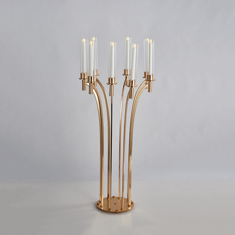 5 Head Gold Candle Holders 64cm Metal Round Base Candlestick Candelabra Wedding Decoration Table Centerpiece Stand