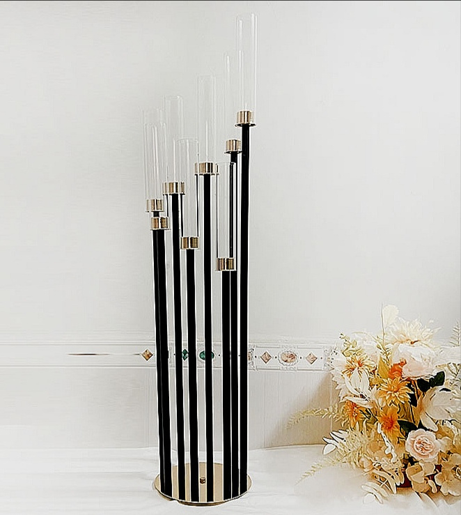 5 Head Gold Candle Holders 64cm Metal Round Base Candlestick Candelabra Wedding Decoration Table Centerpiece Stand