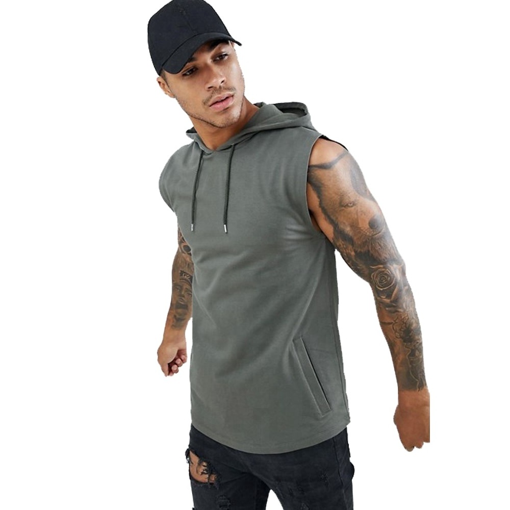 Over-the-head style sleeveless muscle hoodie in khaki with drawstring hood and side pockets