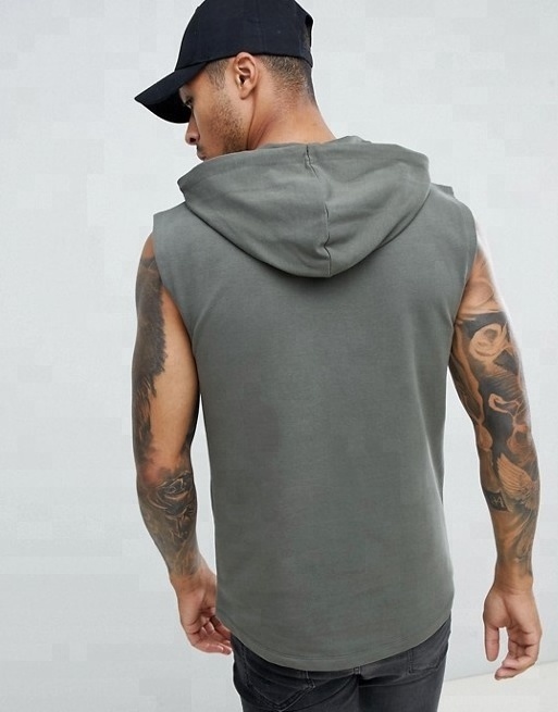 Over-the-head style sleeveless muscle hoodie in khaki with drawstring hood and side pockets