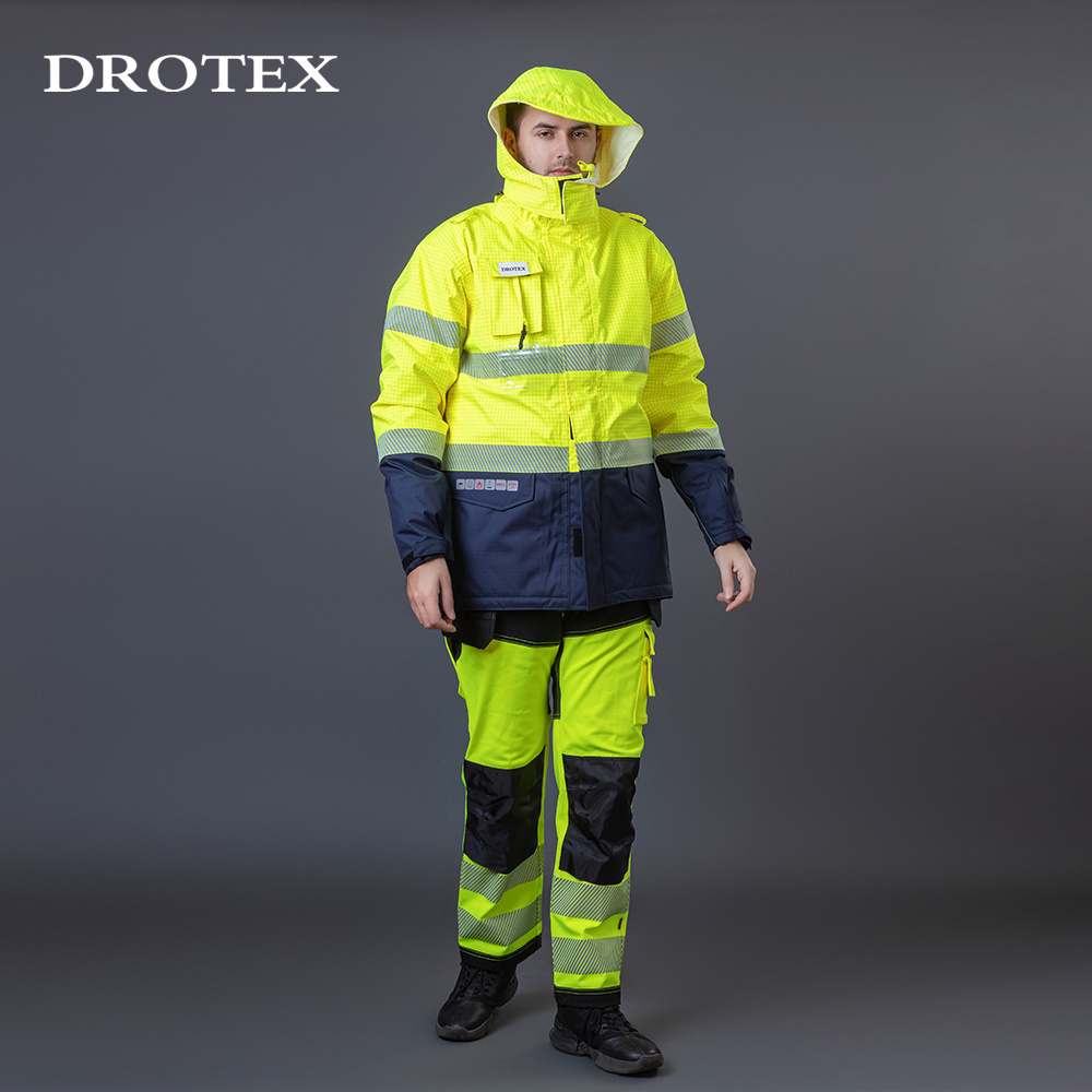 Custom LOGO Oxford Welding Mining Fire Resistant Water Proof Hooded Work Jacket Workwear Pants Safety Hi Vis Reflective Clothing