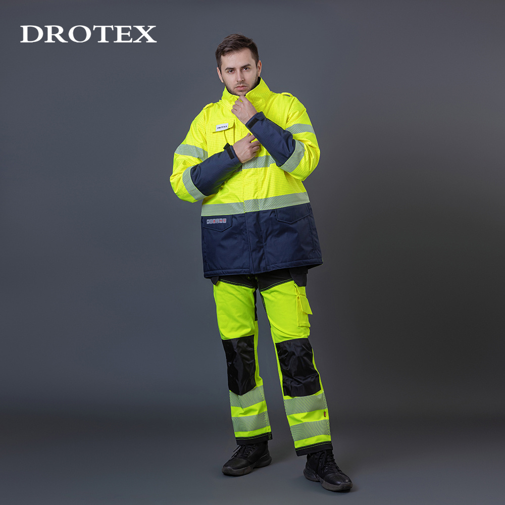 Custom LOGO Oxford Welding Mining Fire Resistant Water Proof Hooded Work Jacket Workwear Pants Safety Hi Vis Reflective Clothing