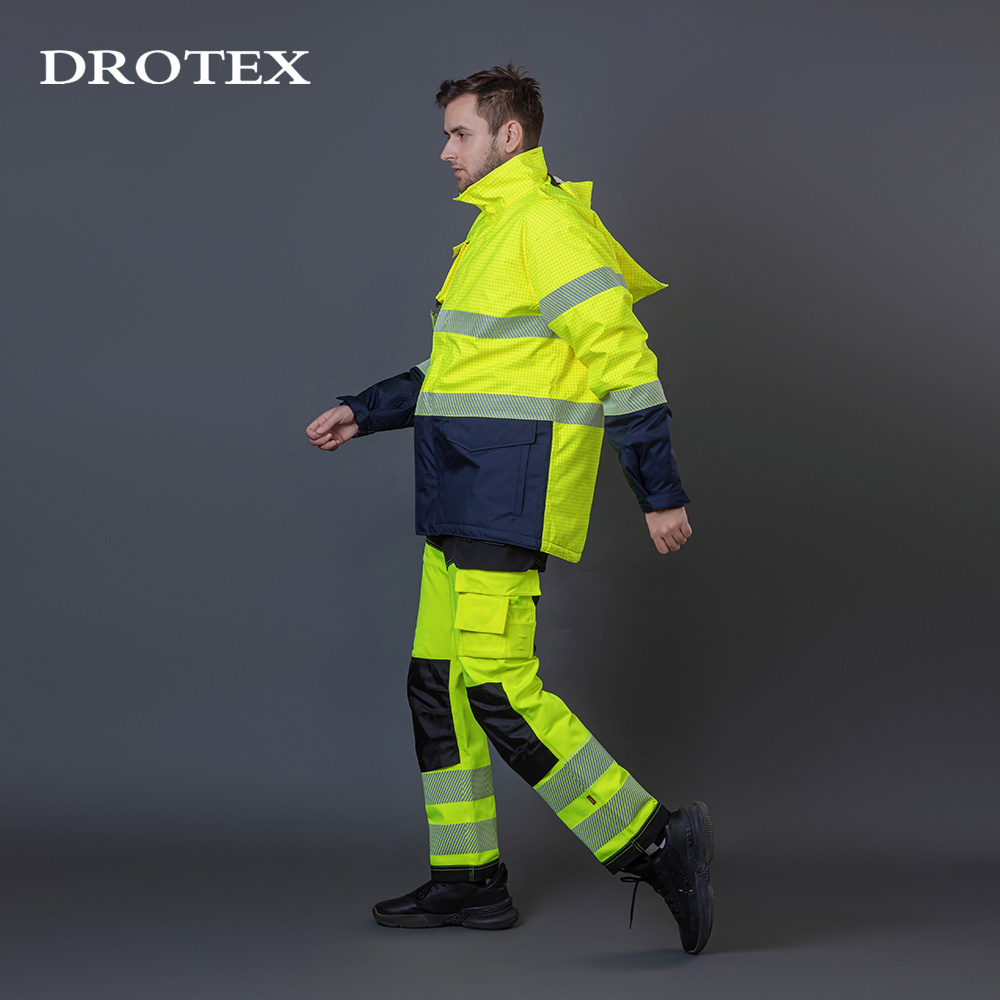 Custom LOGO Oxford Welding Mining Fire Resistant Water Proof Hooded Work Jacket Workwear Pants Safety Hi Vis Reflective Clothing