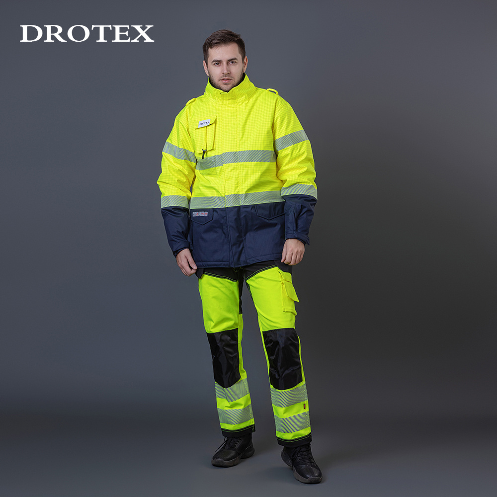 Custom LOGO Oxford Welding Mining Fire Resistant Water Proof Hooded Work Jacket Workwear Pants Safety Hi Vis Reflective Clothing