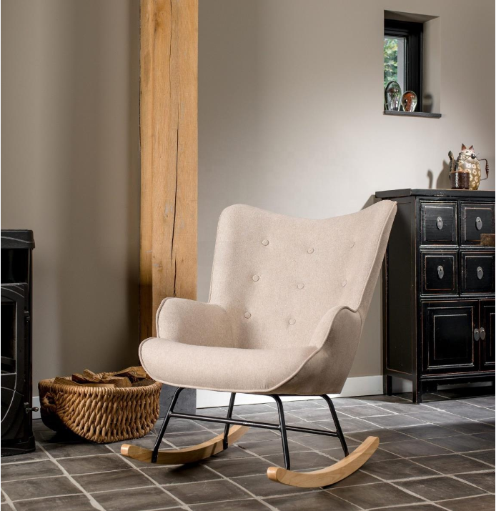 White Velvet Rocking Chair With Black Metal And  Wood Leg For Living Room