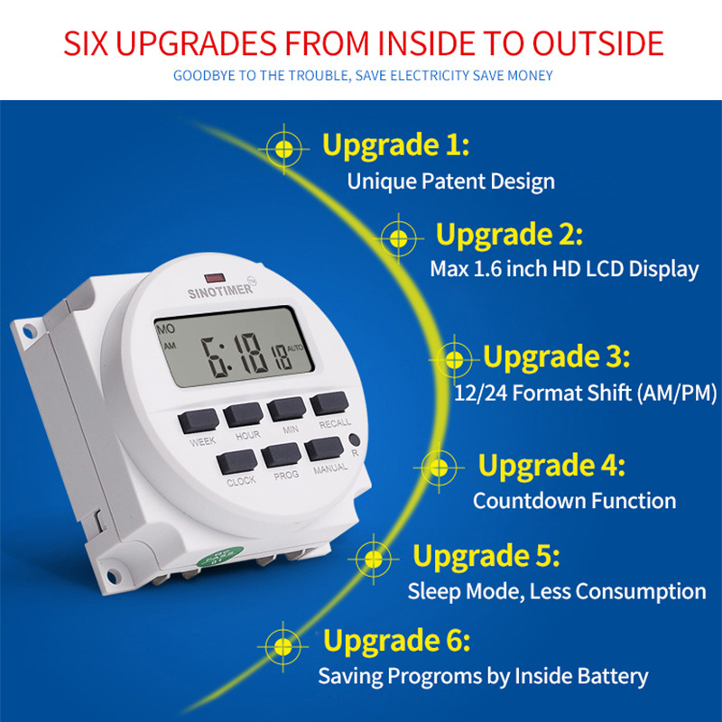 BIG LCD 1.6 Inch Digital 220V 230V AC 7 Days Programmable Timer Switch With UL Listed Relay Inside And Countdown Time Function