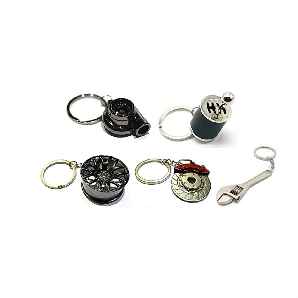 Custom logo 3D car parts set rotating turbo motorcycle helmet tire brake style alloy metal keychain