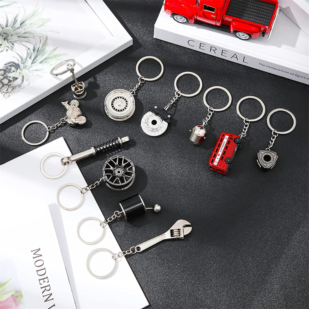 Custom logo 3D car parts set rotating turbo motorcycle helmet tire brake style alloy metal keychain