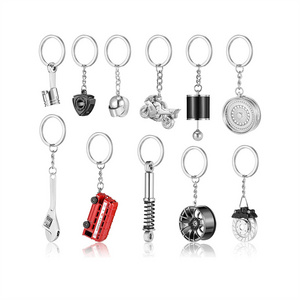 Custom logo 3D car parts set rotating turbo motorcycle helmet tire brake style alloy metal keychain