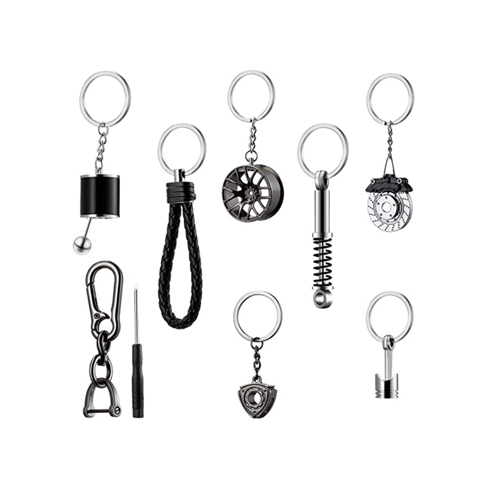 Custom logo 3D car parts set rotating turbo motorcycle helmet tire brake style alloy metal keychain