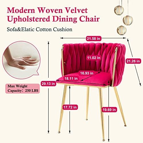 Modern Velvet Dining Chairs Set of 2 Hand Weaving Accent Upholstered Side Chair with Golden Metal Legs for Dining Room