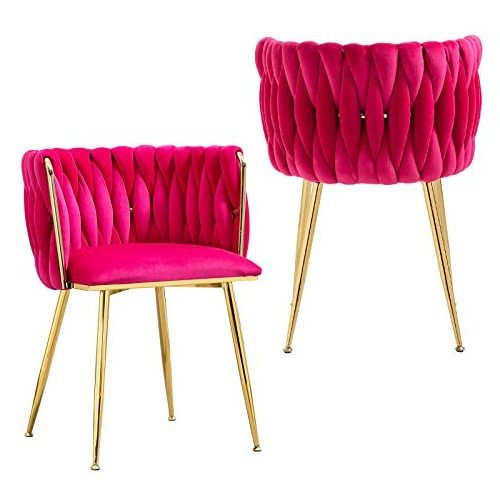 Modern Velvet Dining Chairs Set of 2 Hand Weaving Accent Upholstered Side Chair with Golden Metal Legs for Dining Room