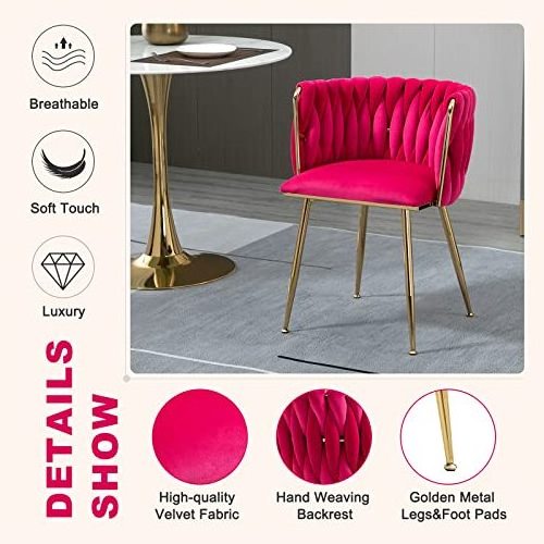 Modern Velvet Dining Chairs Set of 2 Hand Weaving Accent Upholstered Side Chair with Golden Metal Legs for Dining Room