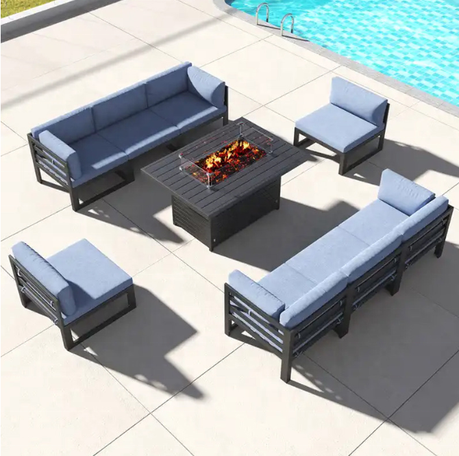 XY Best Modern L-shaped Outdoor Furniture Garden Sofa Sets Lounge With fireplace Table Gray Waterproof Fabric Cover Reclining