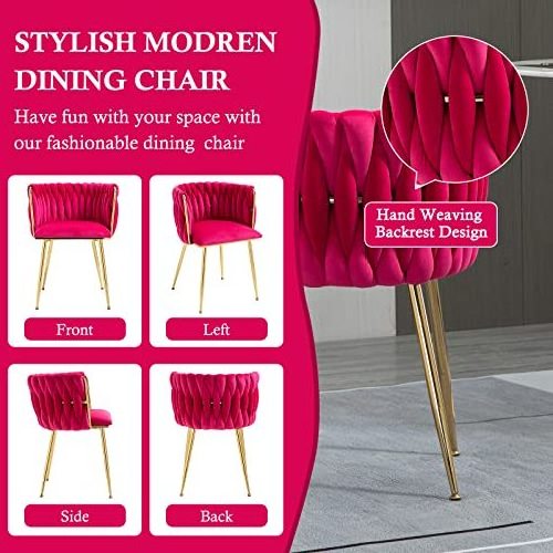 Modern Velvet Dining Chairs Set of 2 Hand Weaving Accent Upholstered Side Chair with Golden Metal Legs for Dining Room