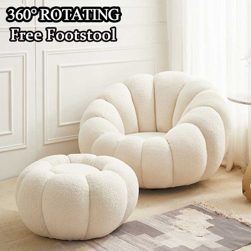 XY Best European Easy Latest White Pink Teddie Padded Swivel Upholstered Circle Lounge Chair with Ottoman for Hotel Indoor