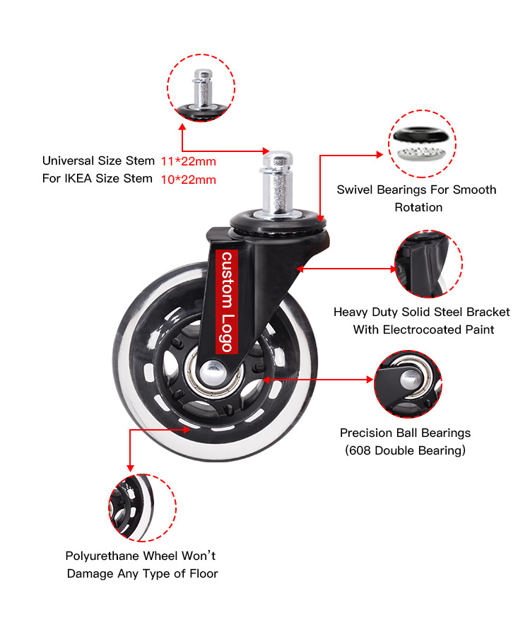 Office Chair Caster Wheels 3 inch with brake (Set of 5) - Heavy Duty & Safe for All Floors Including Hardwood/ Universal Fit