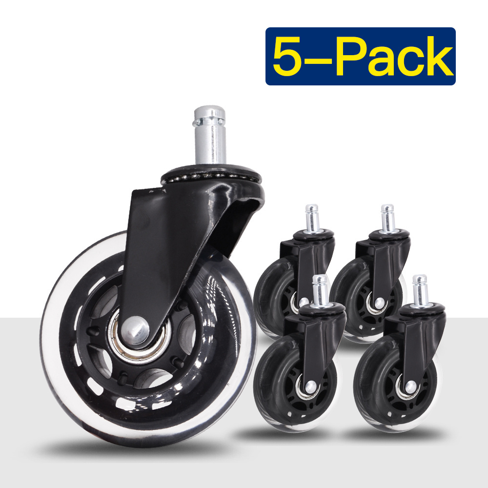 Office Chair Caster Wheels 3 inch with brake (Set of 5) - Heavy Duty & Safe for All Floors Including Hardwood/ Universal Fit